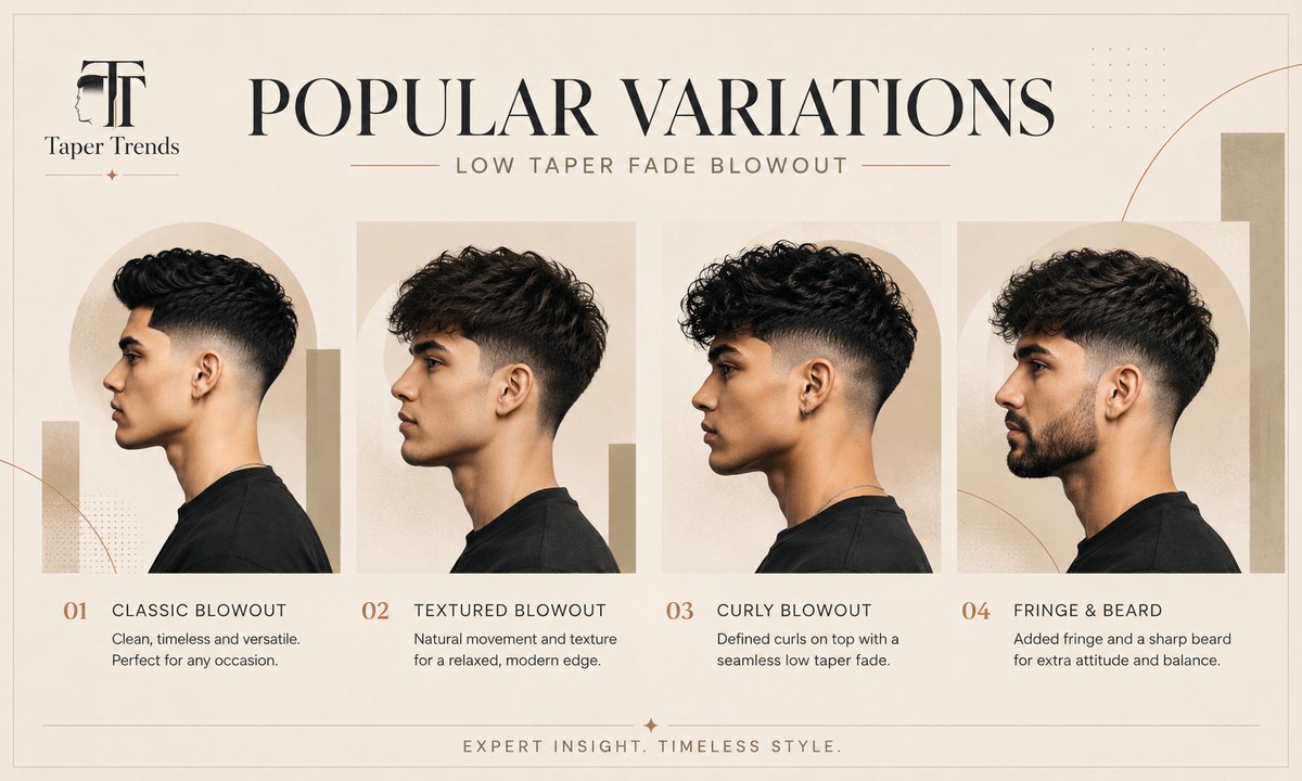 Popular low taper fade blowout variations — a classic smooth top, a textured top, a curly blowout, and a version with a fringe.