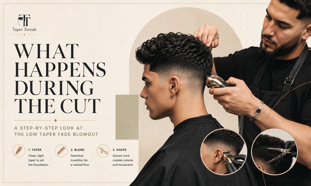 A barber setting the neckline and sideburn tapers first, then blending the sides up into the longer top.