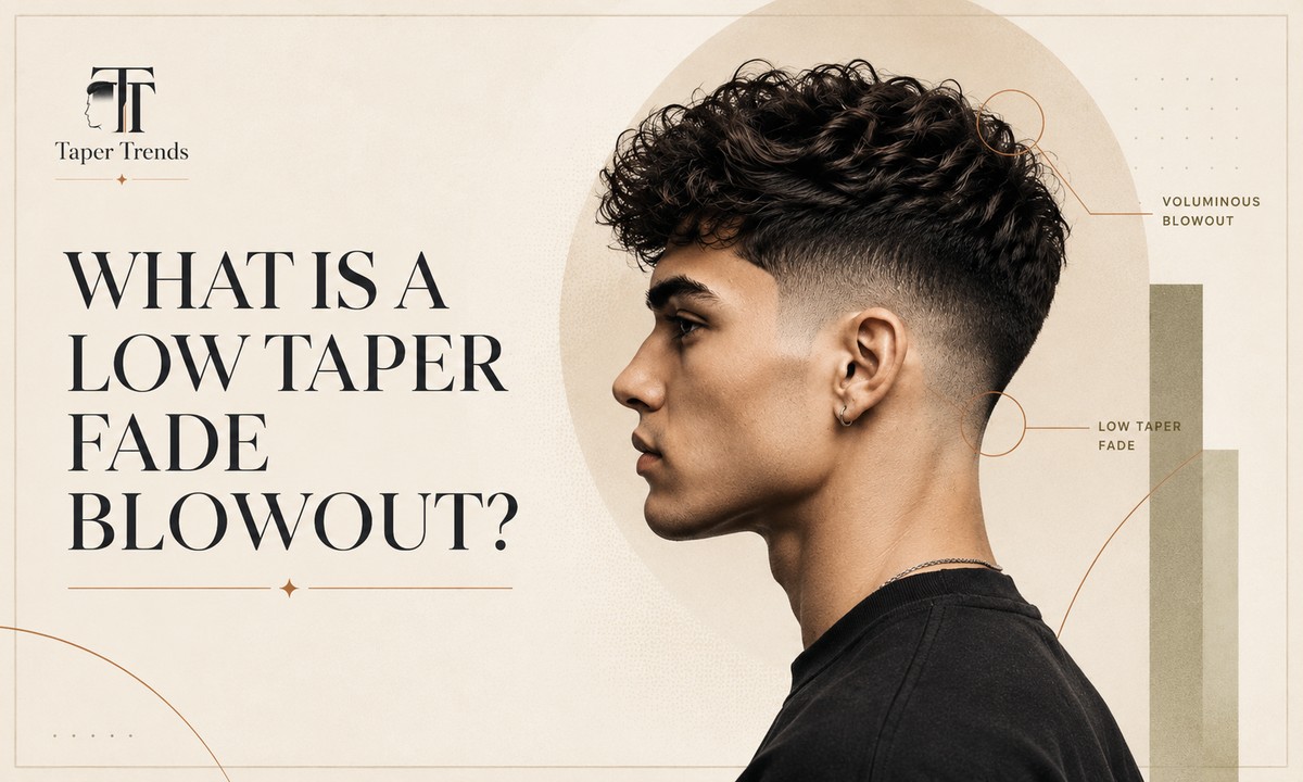 A low taper fade blowout showing a full, lifted top with the sides tapered low near the ears and neckline.