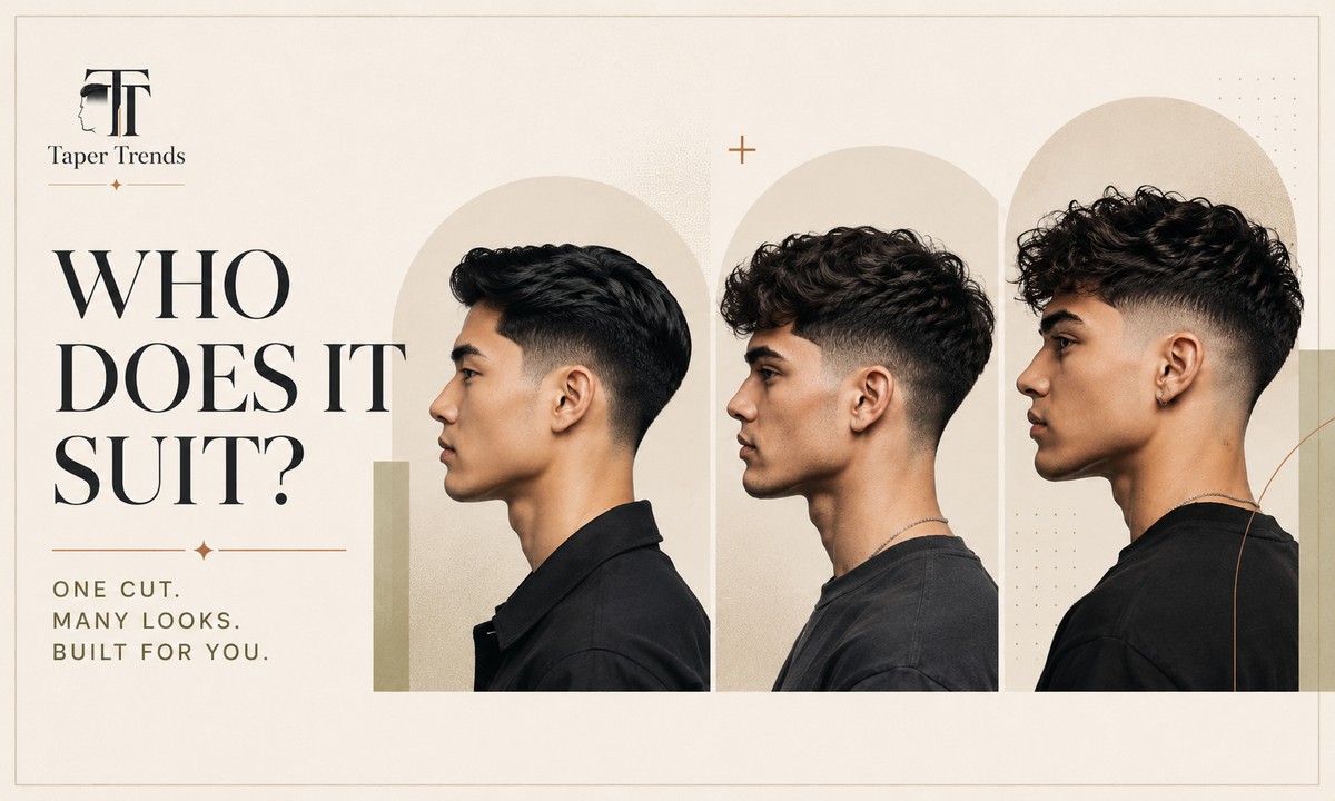 A low taper fade blowout shown across oval, square, and round face shapes and on straight, wavy, and curly hair.