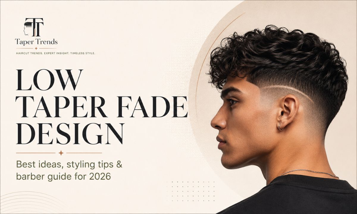 Low taper fade design — a clean low taper with a razor line carved into the softly faded side.
