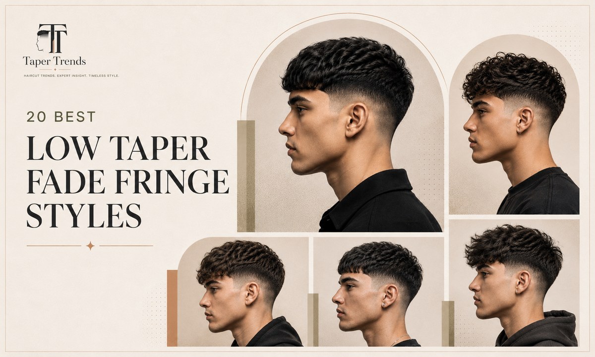 Twenty low taper fade fringe styles including textured, messy, curly, wavy, straight, fluffy, French crop, and Edgar versions.