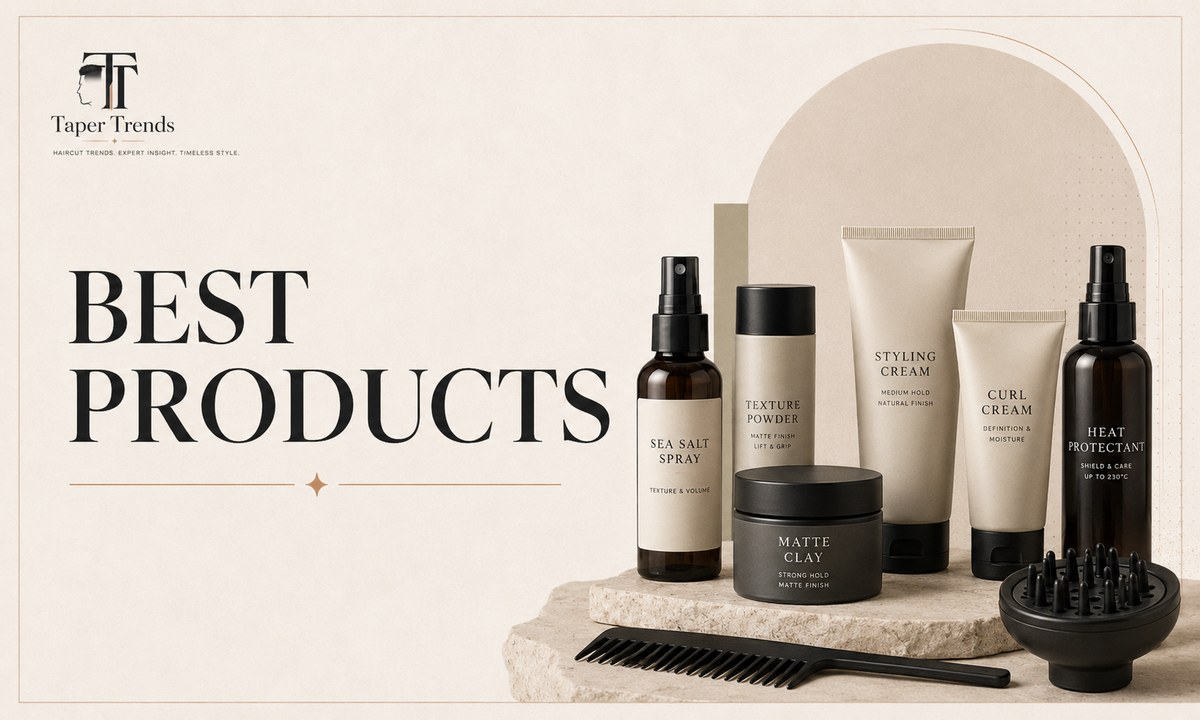 Best products for a low taper fade fringe including sea salt spray, texture powder, matte clay, curl cream, and heat protectant.