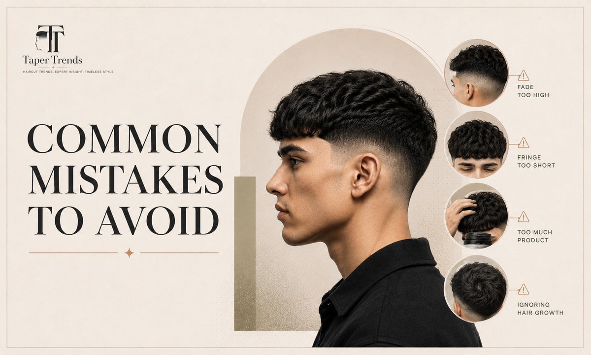 Common low taper fade fringe mistakes including a fade set too high, a fringe cut too short, and excessive styling product.