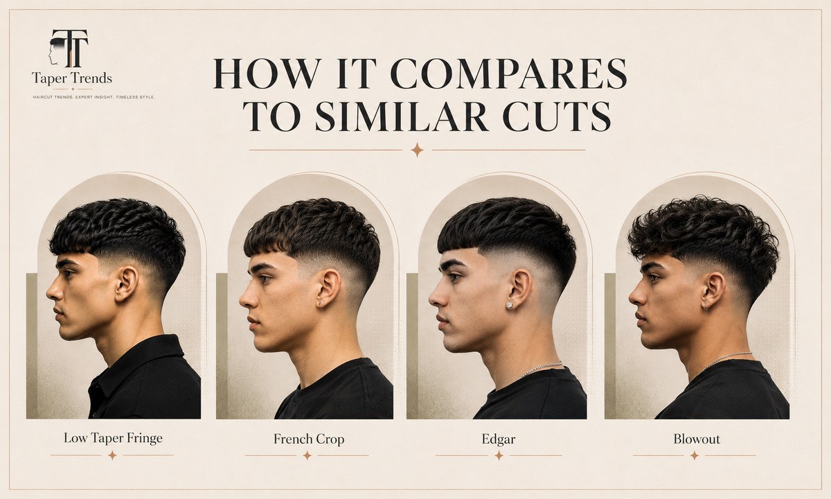 Low taper fade fringe compared with a French crop, Edgar fringe, mid taper, and blowout taper.