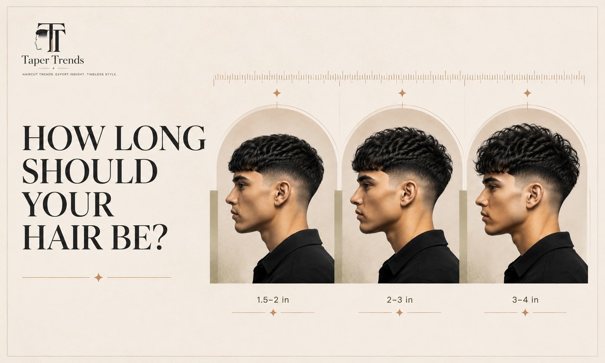 Low taper fade fringe length guide showing short 1.5-inch, textured 2-to-3-inch, and fluffy 3-to-4-inch tops.