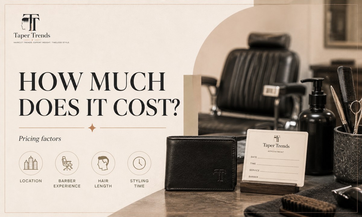 Barbershop consultation about the cost of a low taper fade fringe and included wash and styling services.