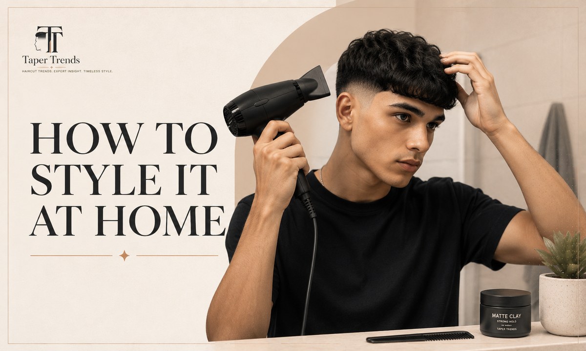 Styling a low taper fade fringe at home with a blow dryer, round brush, and lightweight matte product.