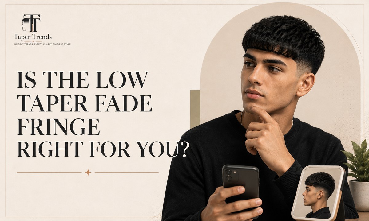 Finished low taper fade fringe with a soft low blend and textured forward top suited to the wearer's face shape and hair type.