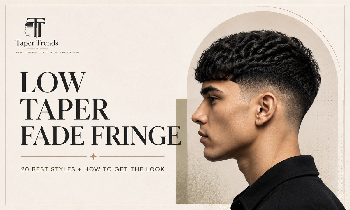 Low taper fade fringe with textured forward movement over softly blended sides and a clean neckline.