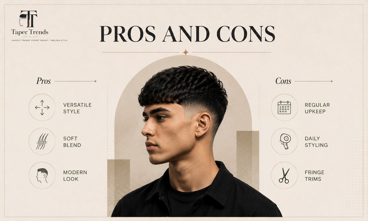 Pros and cons of a low taper fade fringe covering versatility, maintenance, styling time, and trim frequency.