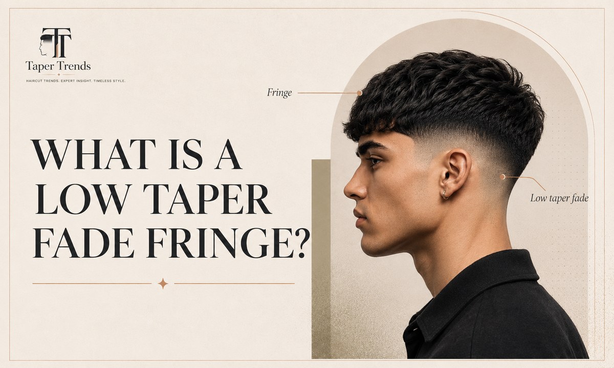 Low taper fade fringe showing a soft blend above the ears and a longer textured front styled forward.