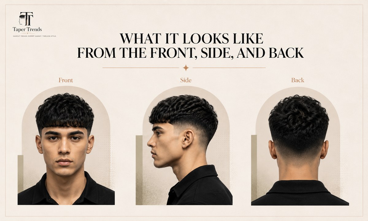 Low taper fade fringe viewed from the front, side, and back with a textured brow-length front and clean tapered neckline.