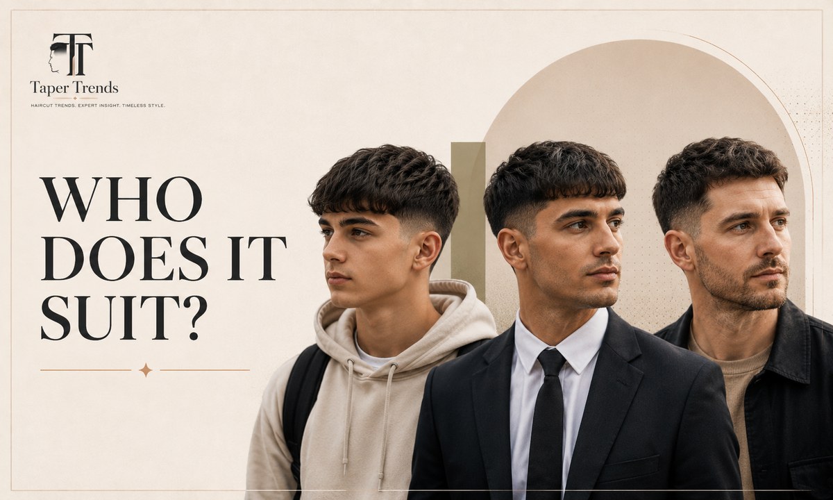 Low taper fade fringe styles suited to straight, wavy, curly, thick, and fine hair.