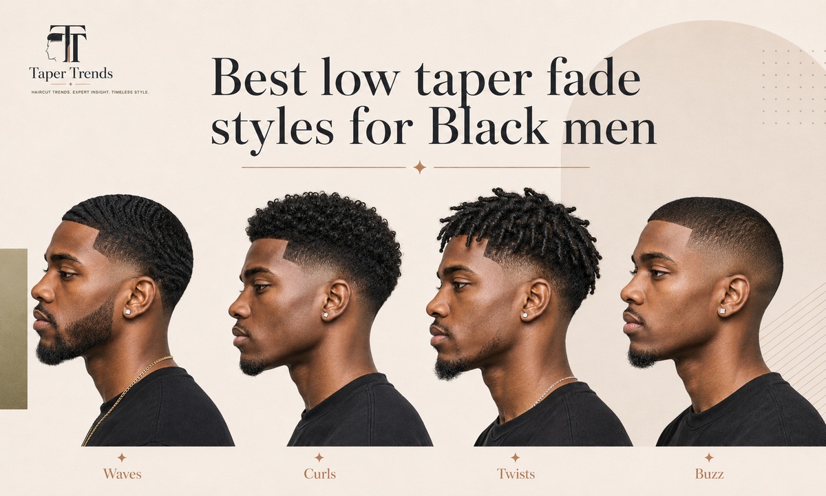 Best low taper fade styles for Black men — waves, a mini afro, twists, and a beard blend shown over clean low-faded sides.