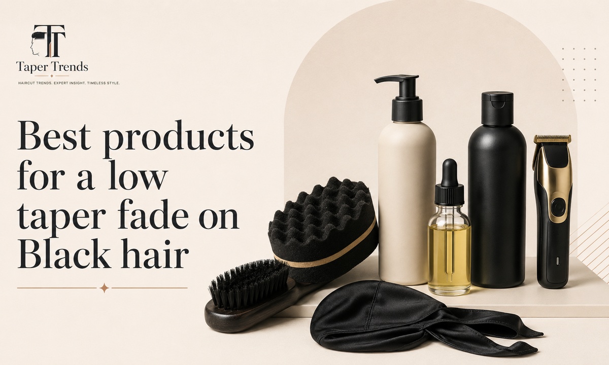 Best products for a low taper fade on Black hair — a wave brush, durag, curl cream, moisturizer, afro pick, and beard oil.