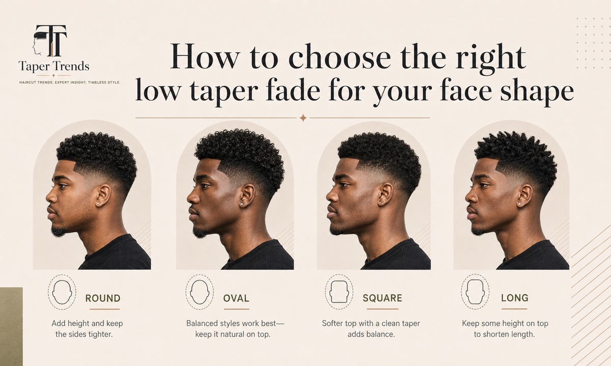 Choosing the right low taper fade for round, long, square, and oval face shapes by adjusting the volume on top.