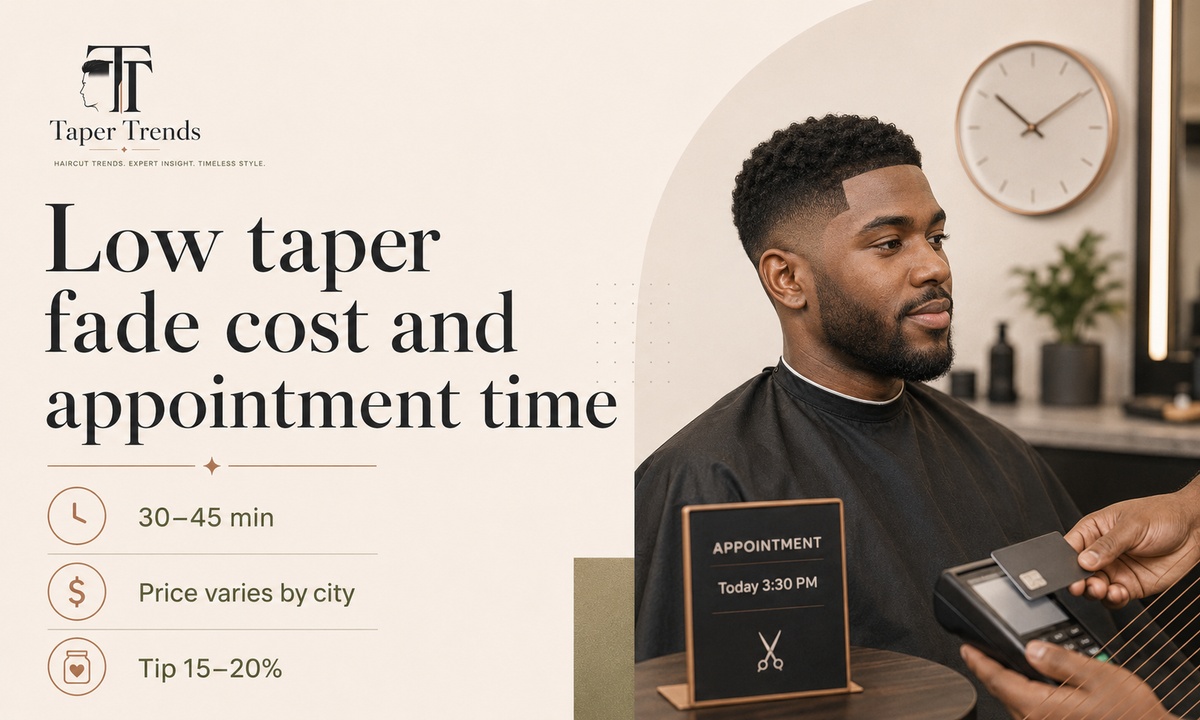 Low taper fade cost and appointment time — a barber finishing a fade, with typical pricing and a 30 to 45 minute session.