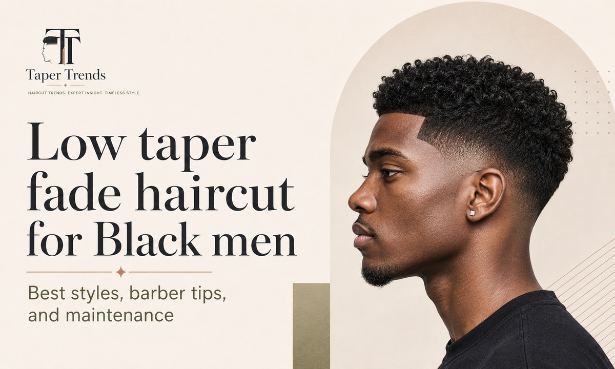 Low taper fade haircut for Black men — clean sides blended low around the ears and neckline with a textured top and a lined-up beard.