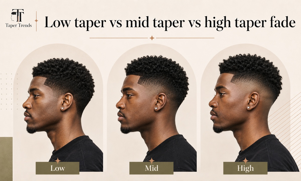 Low taper vs mid taper vs high taper fade compared, showing how each one starts at a different height on the head.