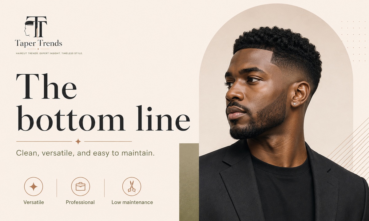 A clean finished low taper fade on Black hair with a lined-up beard, showing the versatility of the cut.