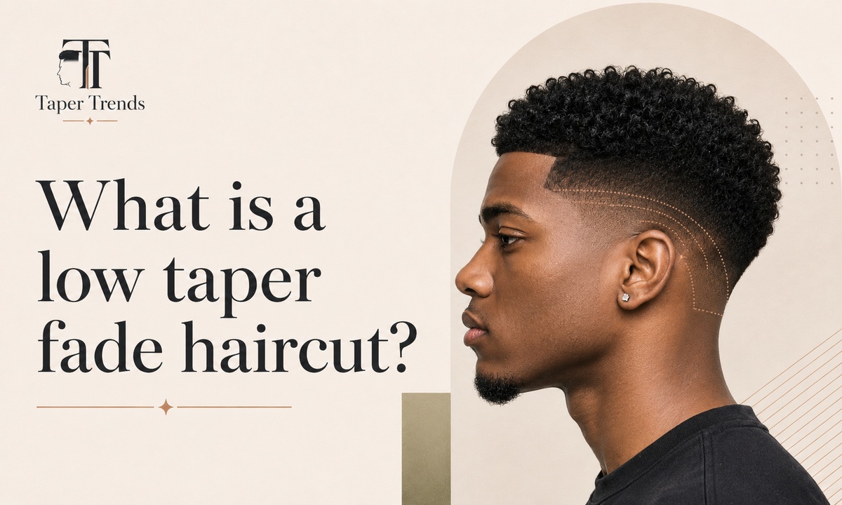 A low taper fade haircut on Black hair showing a soft, gradual blend low around the ears and neckline with fuller length kept on top.
