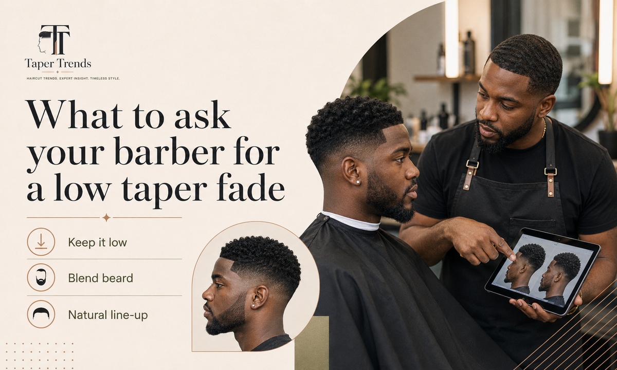 A barber blending a low taper fade, illustrating what to ask for — fade height, line-up, and a beard blend with a reference photo.