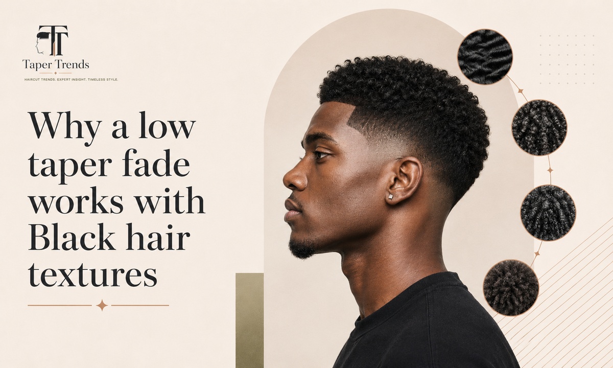 A low taper fade on textured Black hair, showing how the low fade keeps the coils and curls on top untouched while cleaning up the sides.