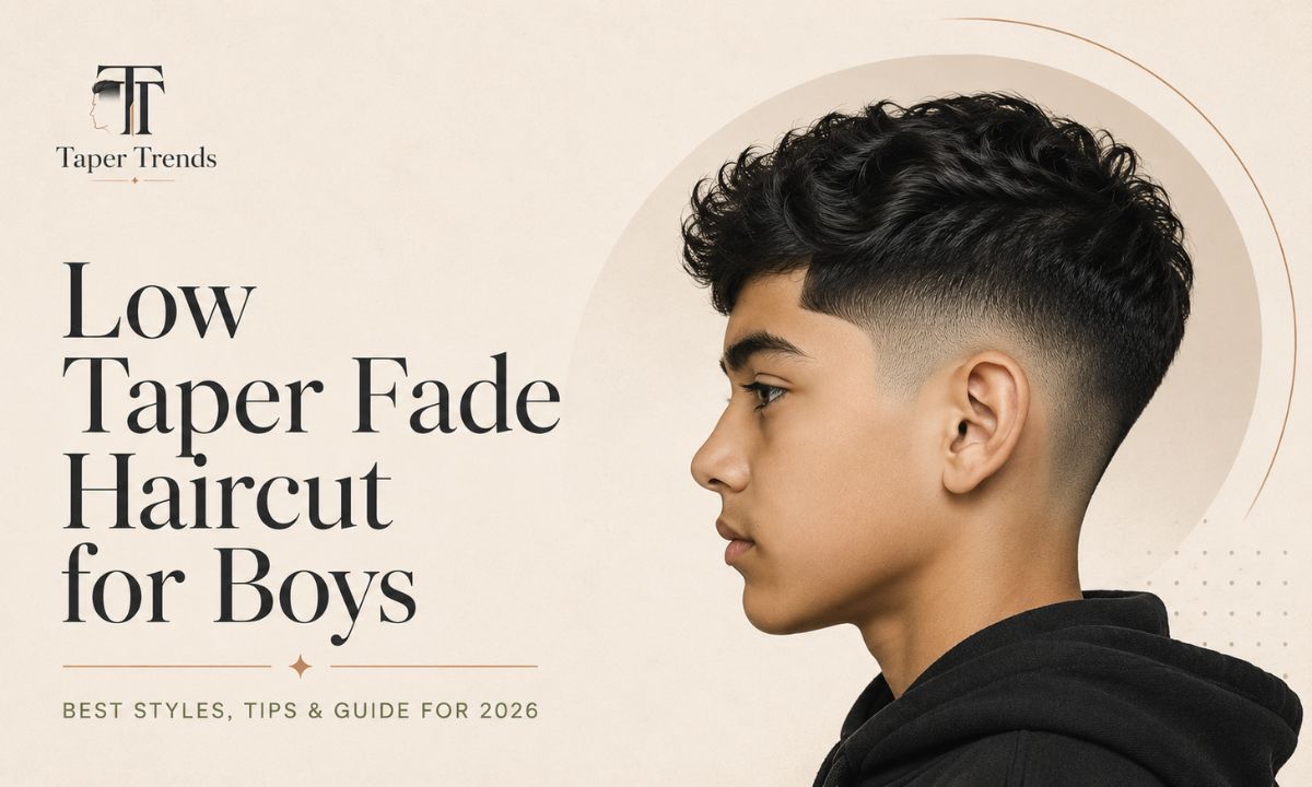 Low taper fade haircut for boys — neat sides blended low around the ears and neckline with a styled top.