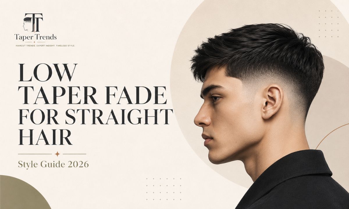 Low taper fade haircut for straight hair — crisp sides blended low around the ears with a styled top.
