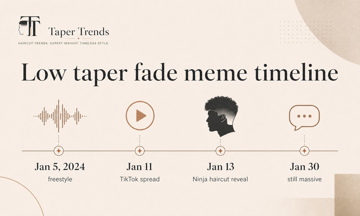 Low taper fade meme timeline — from ericdoa's January 2024 freestyle to Ninja's haircut reveal and the 'still massive' comment.