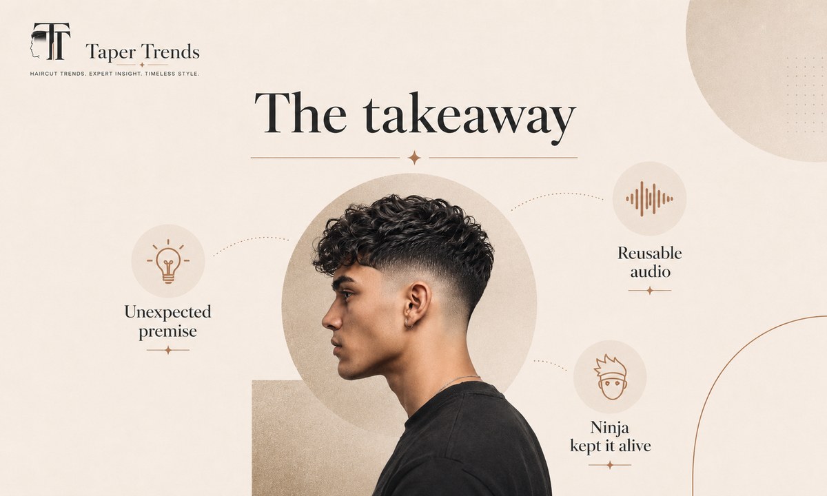 The low taper fade meme takeaway — an unscripted line that lasted because of an unexpected premise, reusable audio, and Ninja keeping the bit alive.