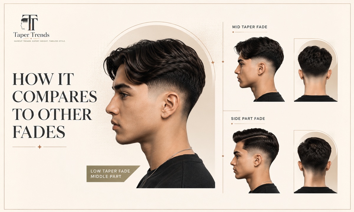 How a low taper fade compares to a low fade, a mid taper fade, and a skin fade, shown side by side.
