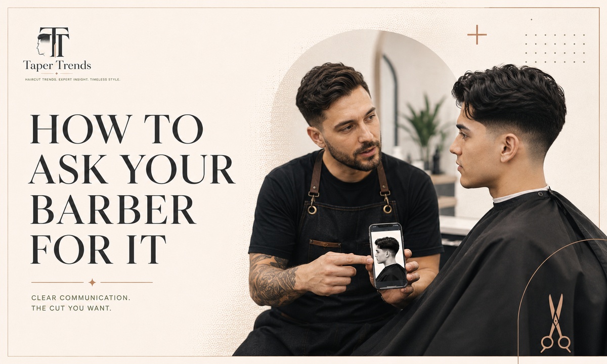 A barber blending a low taper fade around the ear, illustrating what to ask for — fade height, length on top, and a middle part.