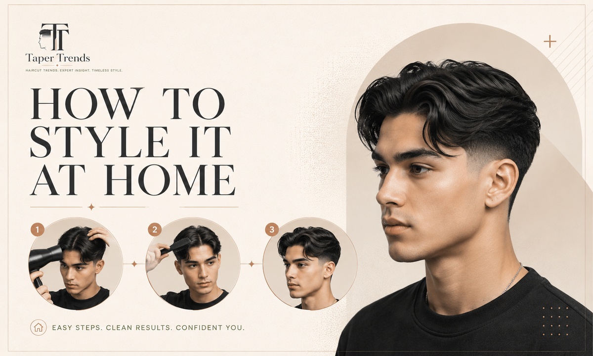 Styling a low taper fade middle part at home with a comb and blow dryer, brushing the hair away from the center part.