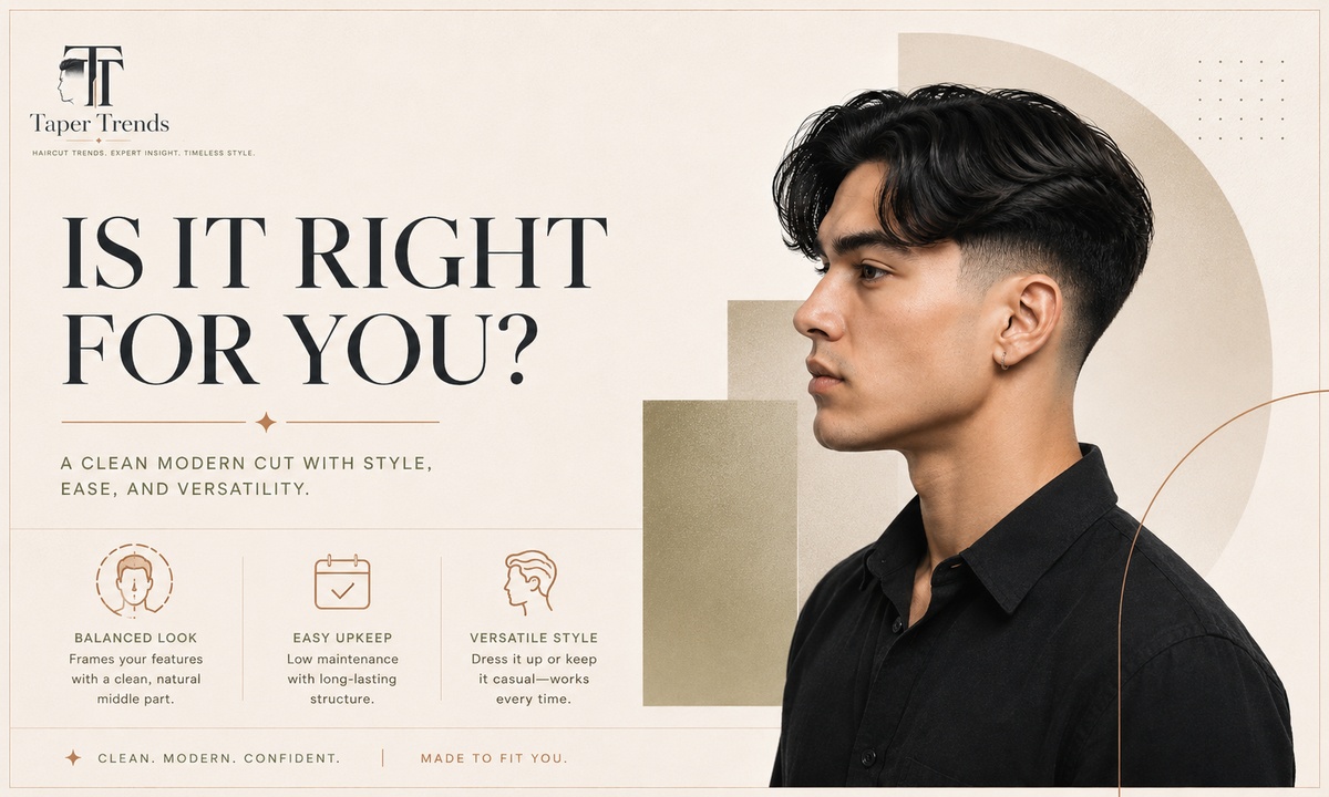 A finished low taper fade middle part, showing how the cut shifts from casual to polished with a change of product.