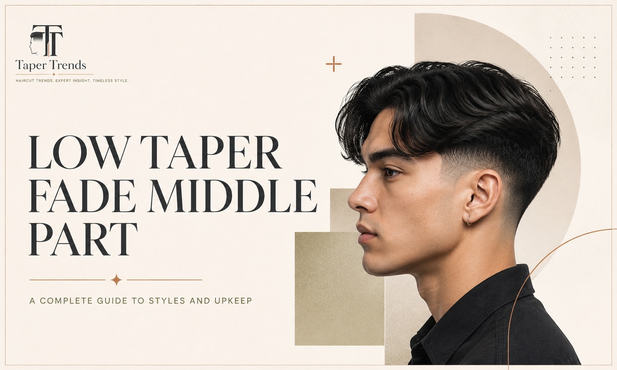 Low taper fade middle part — longer hair on top parted down the center over sides that fade low around the ears and neckline.