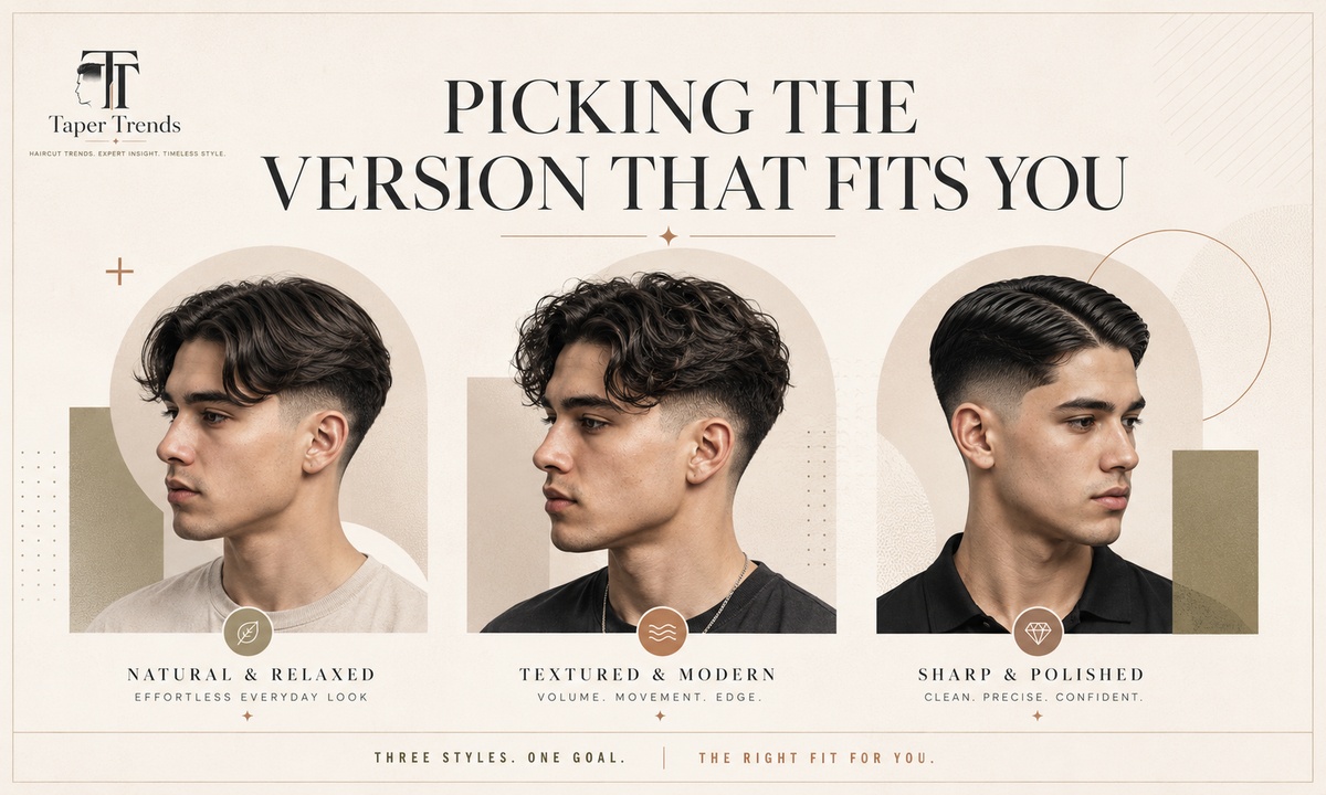 Comparing the classic, short, wavy, curly, and long curtain versions of the low taper fade middle part.