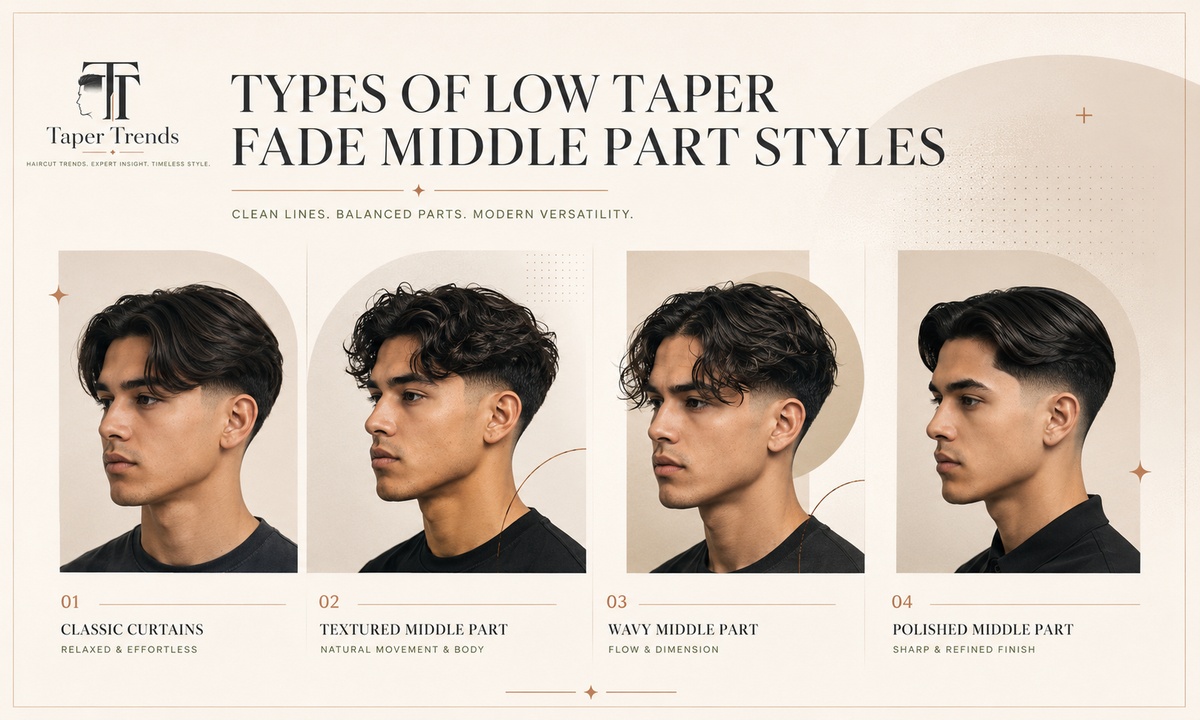 Types of low taper fade middle part styles — classic, wavy, curly, short, and long curtain versions.