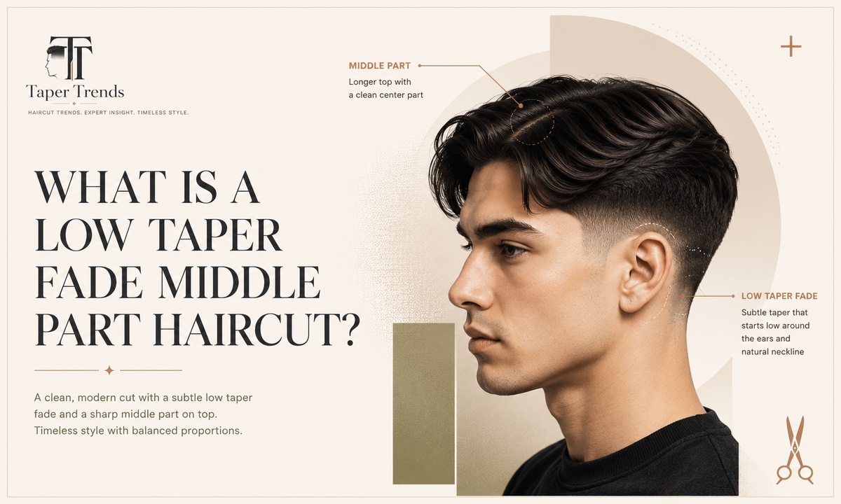 A low taper fade middle part haircut showing the soft fade low around the ears and the center-parted length kept on top.