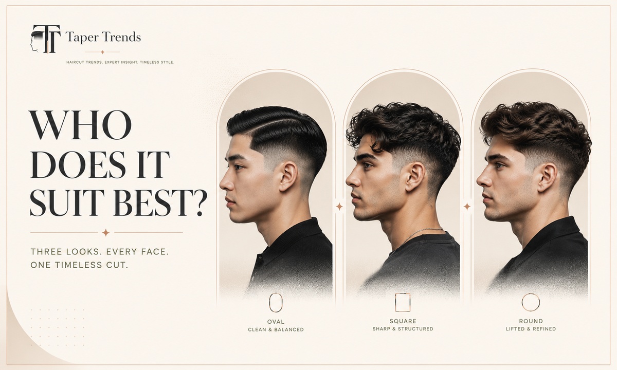 A low taper fade middle part flattering different face shapes and hair textures, from straight to wavy to curly.