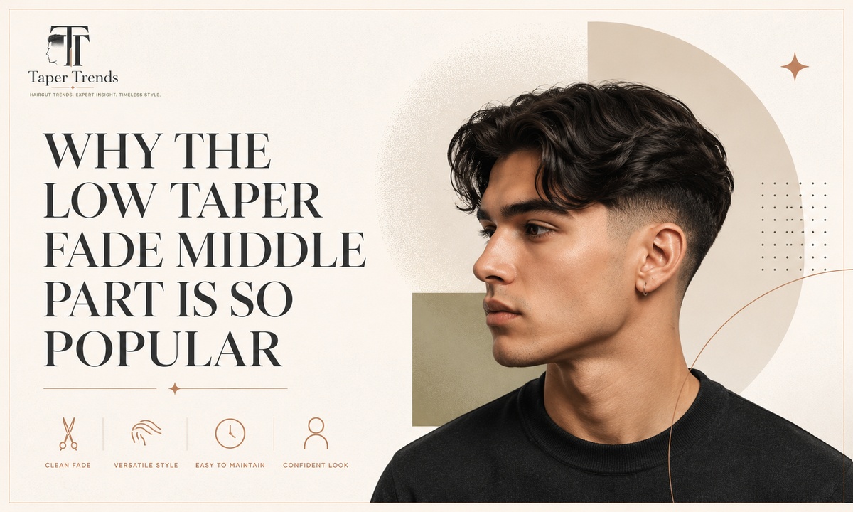 A modern low taper fade middle part styled for everyday wear, showing the soft matte finish popular in 2026.