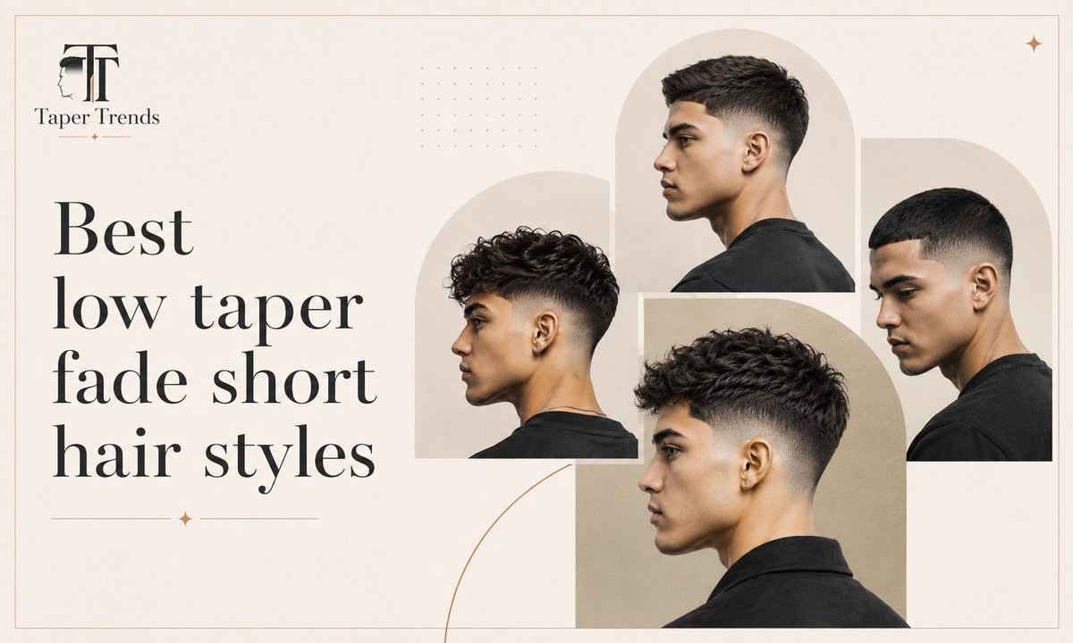 Best low taper fade short hair styles — a crew cut, a textured crop, a buzz cut, a slick back, and a curly top over low-faded sides.