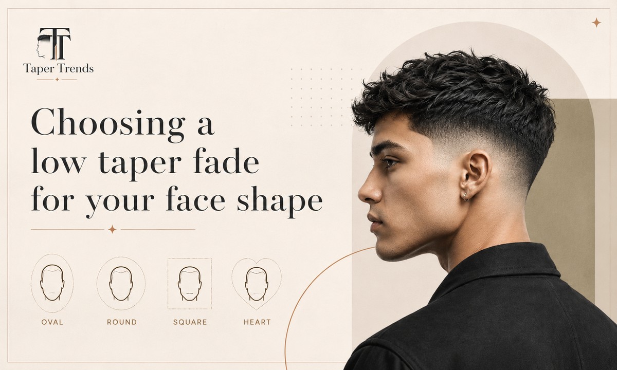 Choosing a low taper fade for your face shape — round, square, oval, long, and heart faces each matched to a short top style.