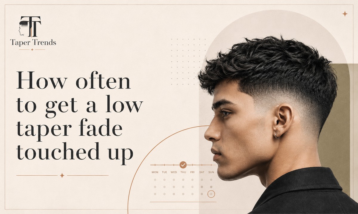 How often to get a low taper fade touched up — a fresh low taper on short hair kept sharp with a neckline cleanup between full cuts.