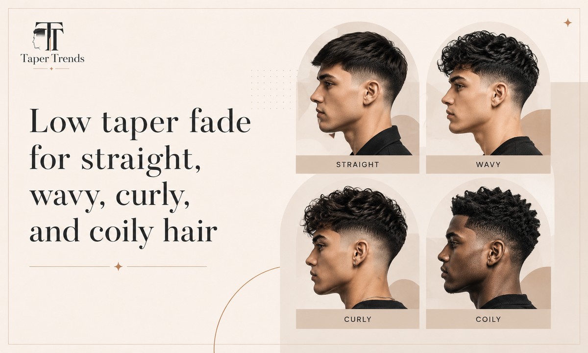 Low taper fade short hair across textures — straight, wavy, curly, and coily tops each over a clean low fade.