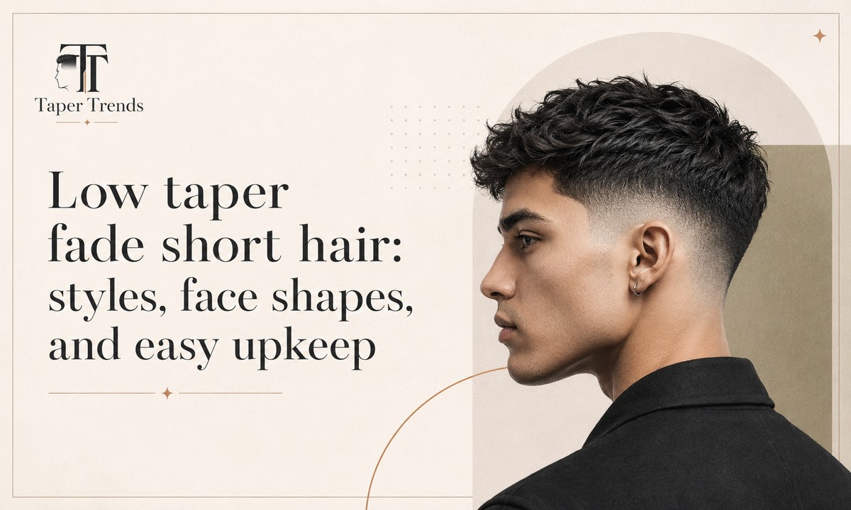 Low taper fade short hair — a short, compact top over sides that fade low and clean around the ears and neckline.