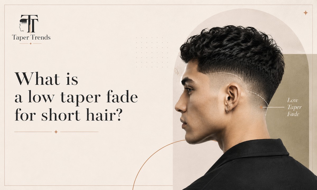 What a low taper fade for short hair is — a short top blended down to a low fade that starts about an inch above the ear.