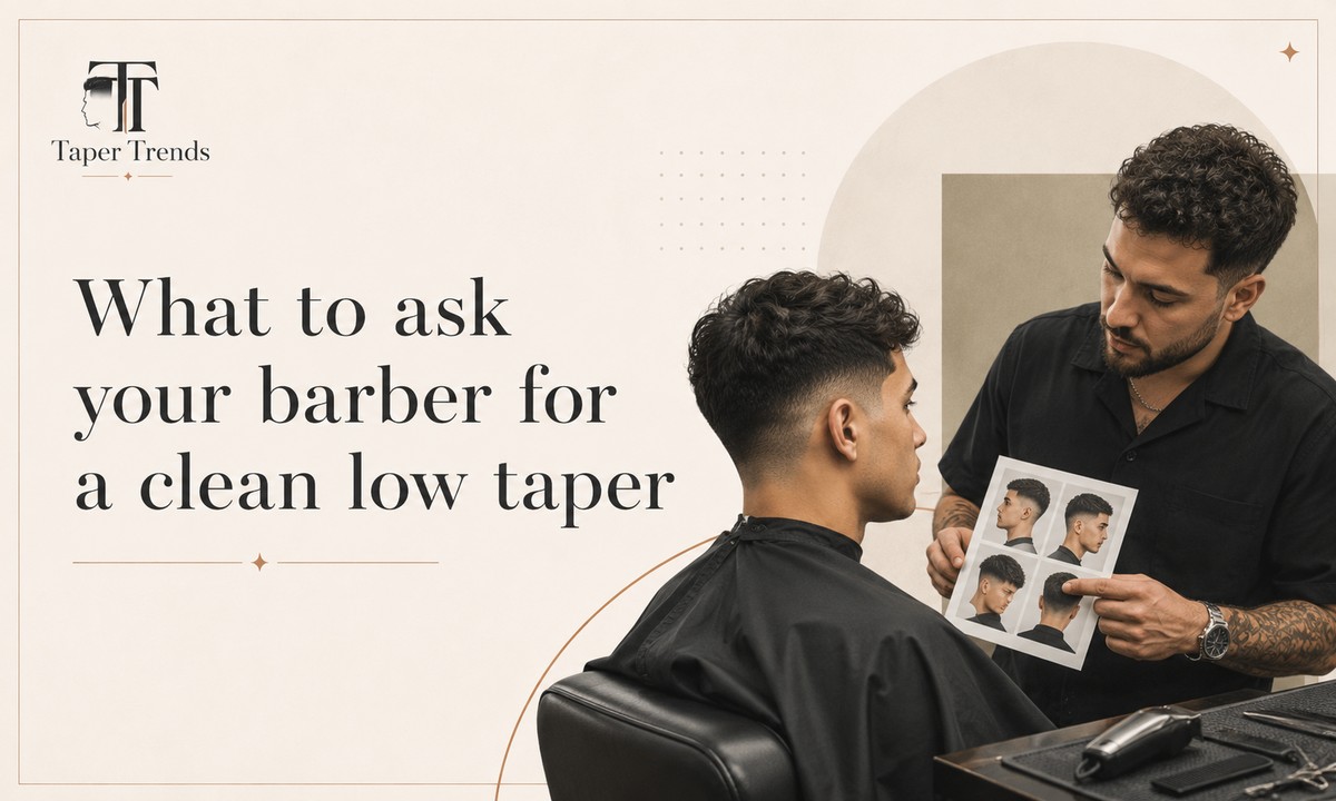 What to ask your barber for a clean low taper on short hair — a barber blending the fade low near the ear while keeping the top short.