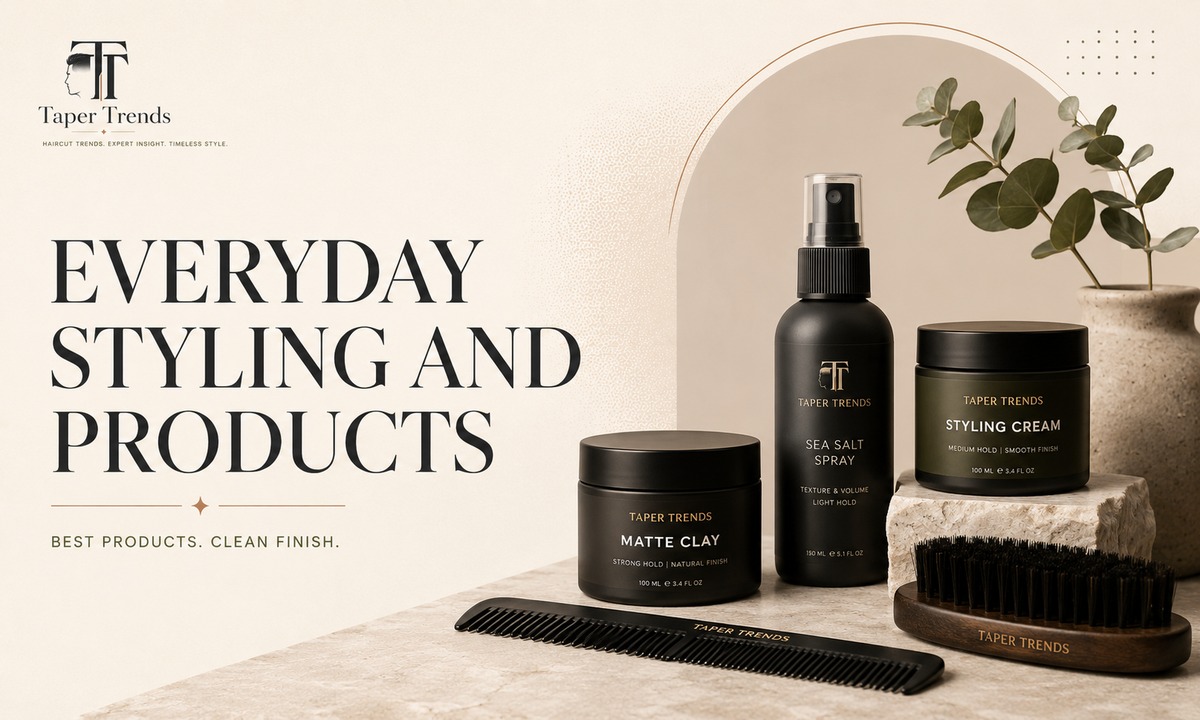 Everyday styling and product choices for a low taper fade versus a mid taper fade — light pomade, matte clay, and curl cream.